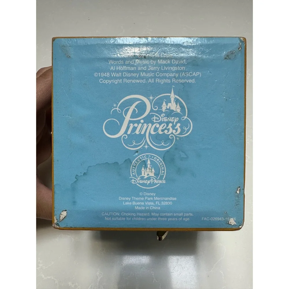 Disney Cinderella Musical Jewelry Box Blue Gold Wind Up Rotating Figurine Mirror